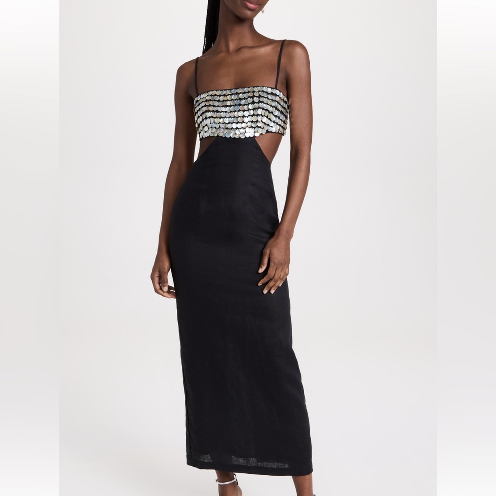 Black mother of pearl embellished Staud Jada Dress vacation dress size 10